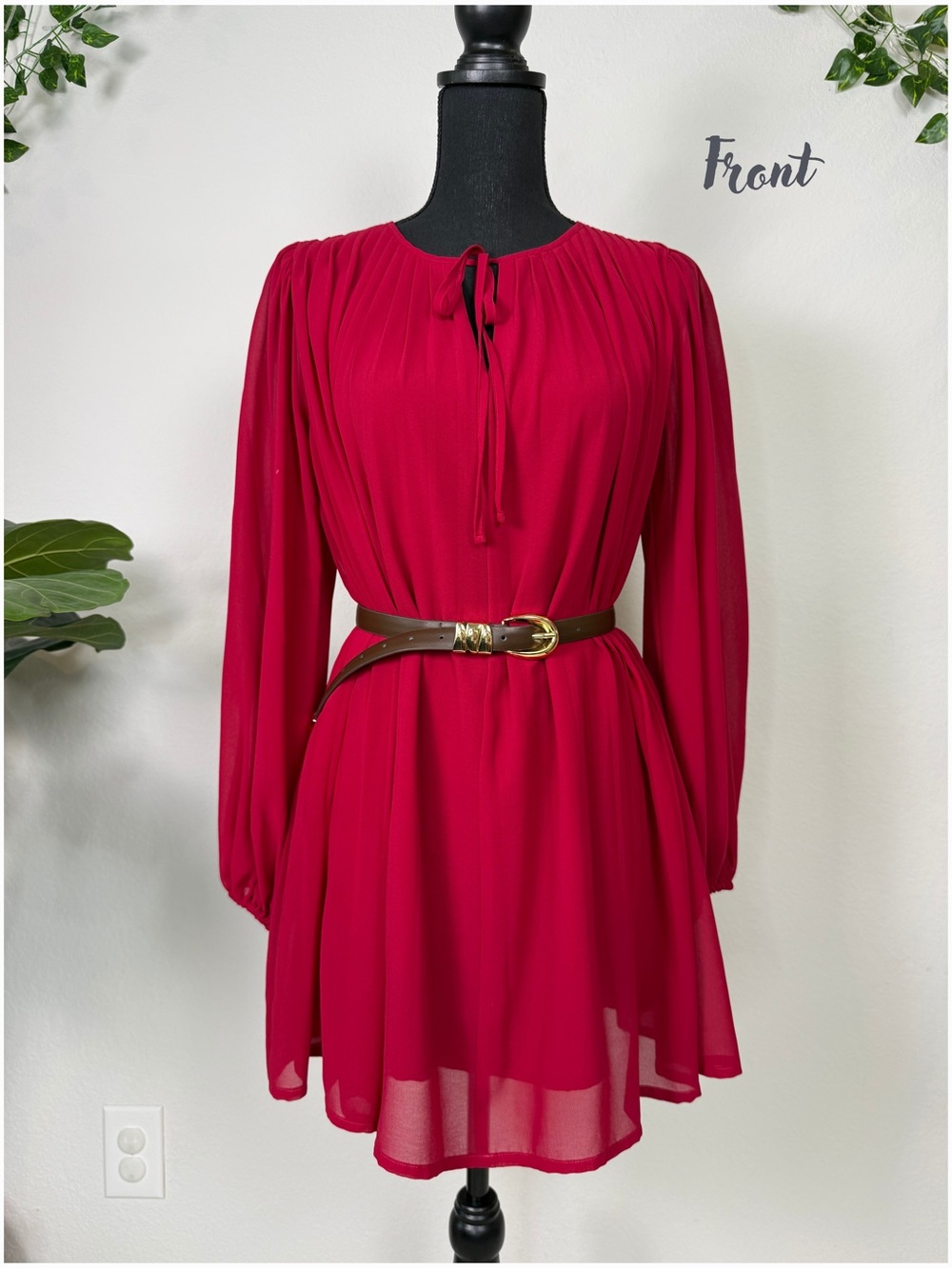 a new day Crimson Long-Sleeve Pleated Tie-Neck Dress